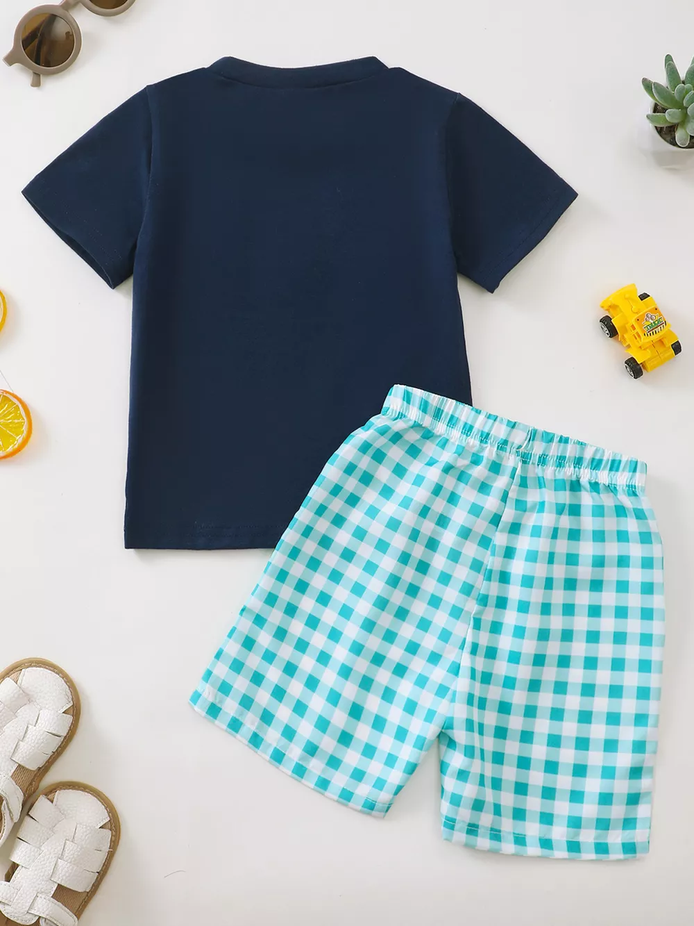 Children's Tractor Applique T-Shirt and Gingham Shorts Set, image 3
