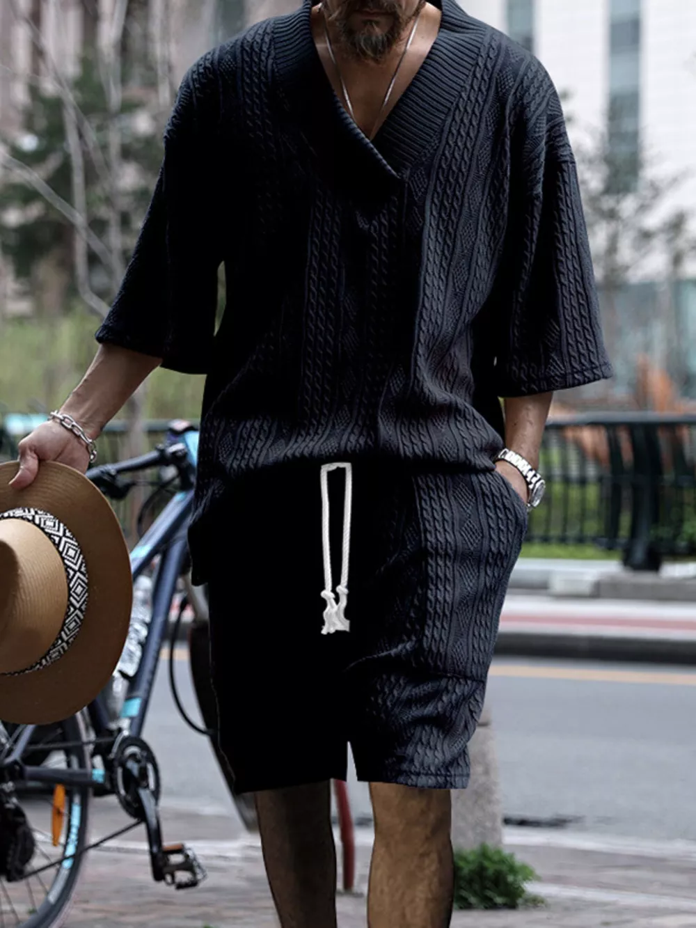 Men's Full Size Casual Knit V-Neck Short Sleeve Top and Shorts Set Plus Size, image 11