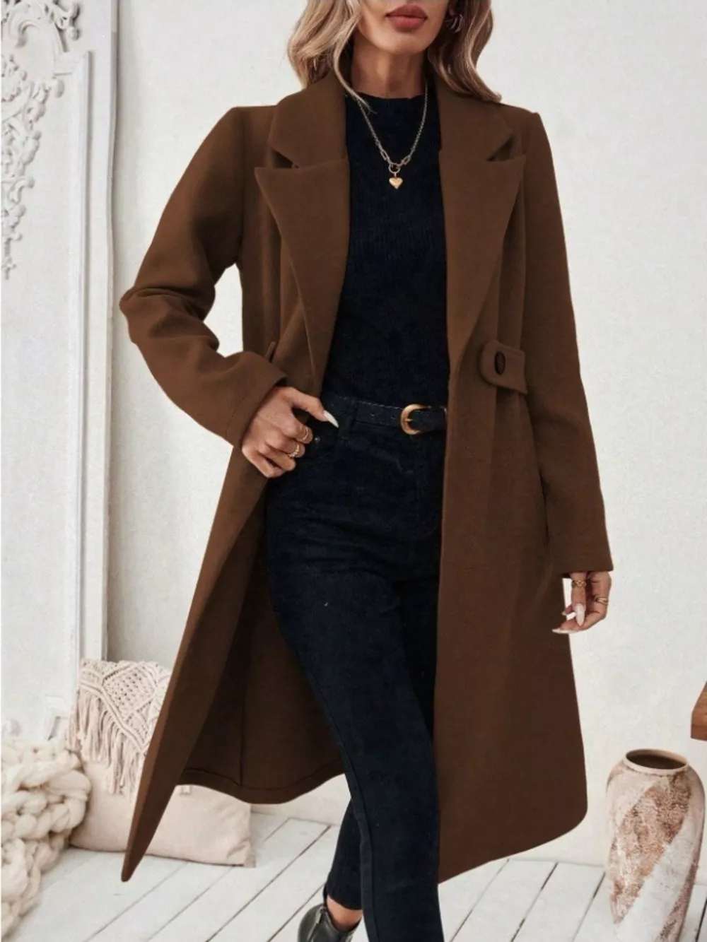 Full Size Elegant Lapel Collar Belted Coat with Pockets Plus Size, image 9