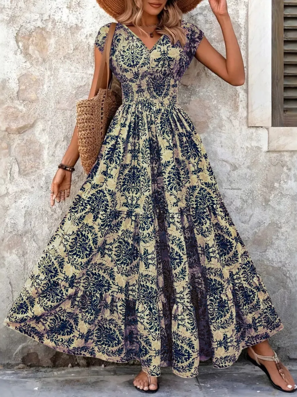 Full Size Printed V-Neck Tiered Maxi Dress Plus Size, image 8