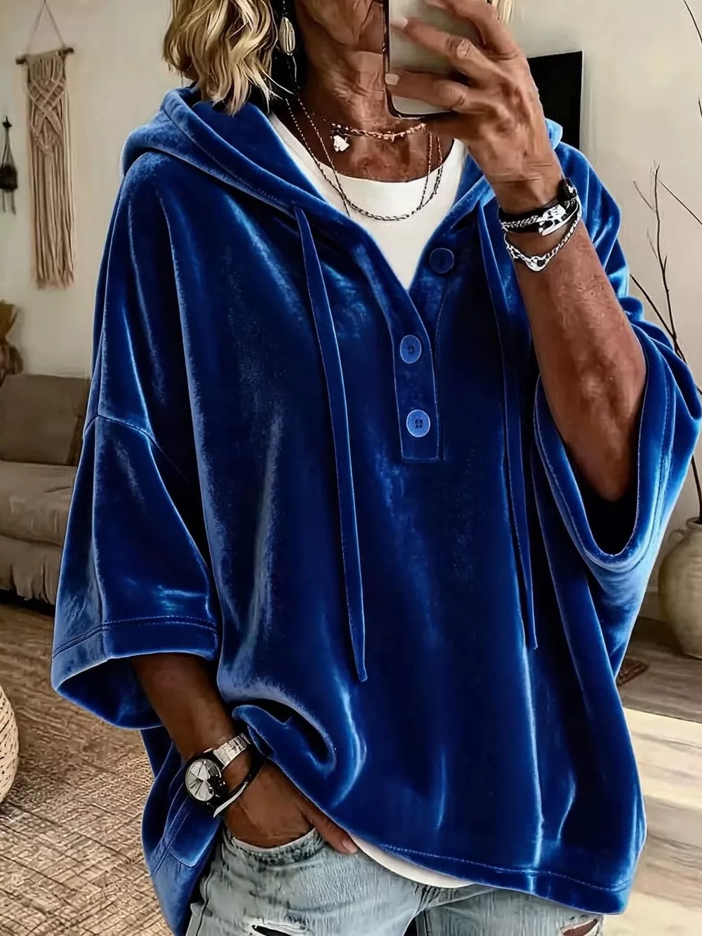Full Size Velvet Button Detail Drawstring Hoodie Plus Size, image 4