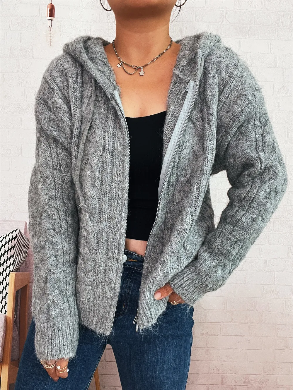 Cable Knit Hooded Zip-Up Cardigan, image 5