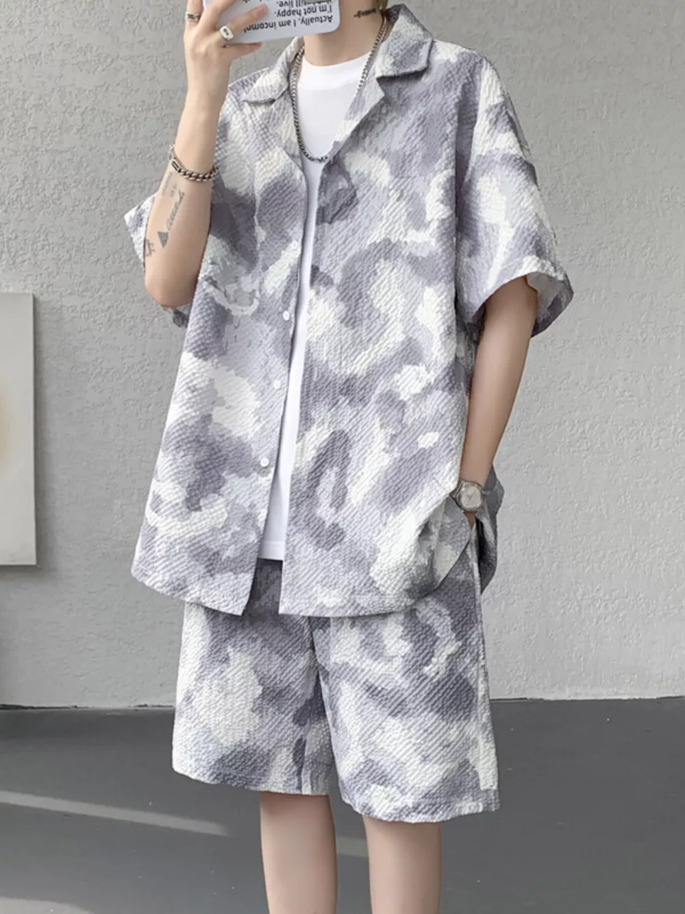 Men's Plus Size Casual Camouflage Print Shirt & Shorts Set, image 5