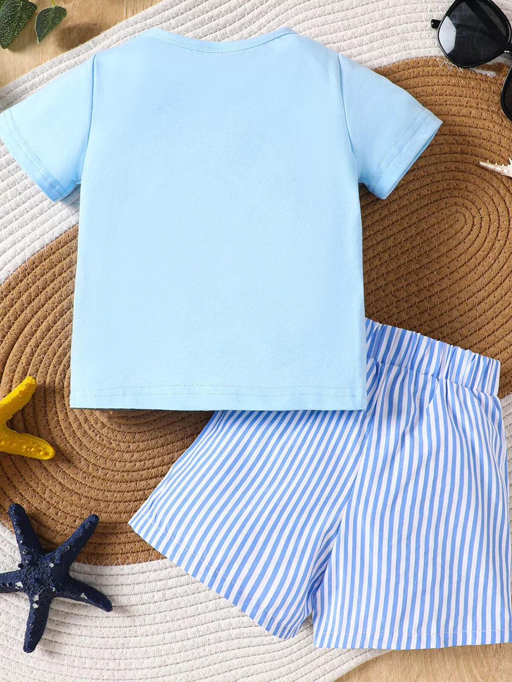 Children's Shark Embroidered T-shirt and Striped Shorts Set, image 11