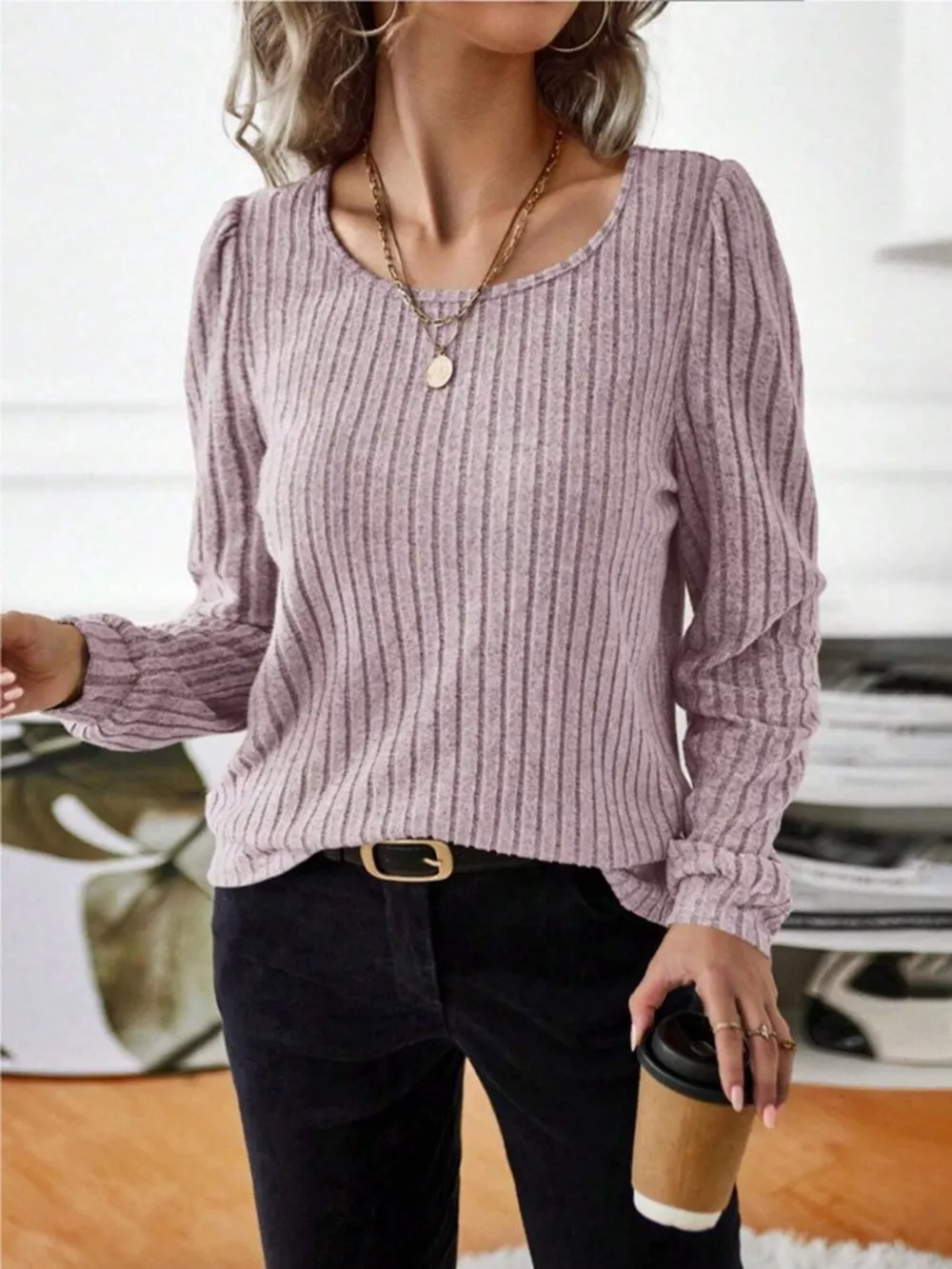 Ribbed Knit Long Sleeve T-Shirt, image 16