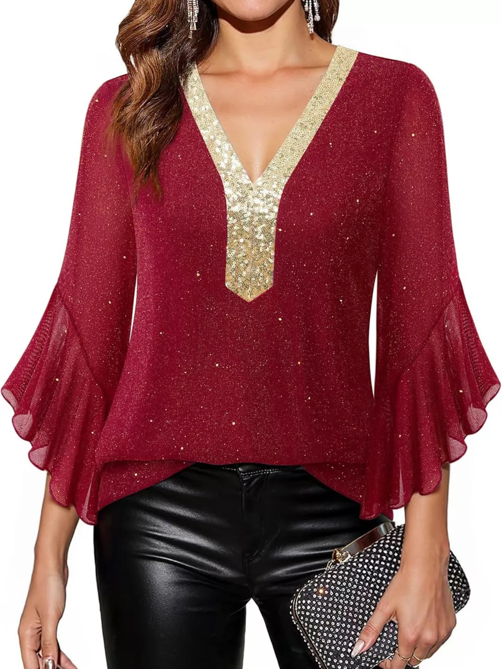 Sequin V-Neck Flounce Sleeve Blouse, image 10
