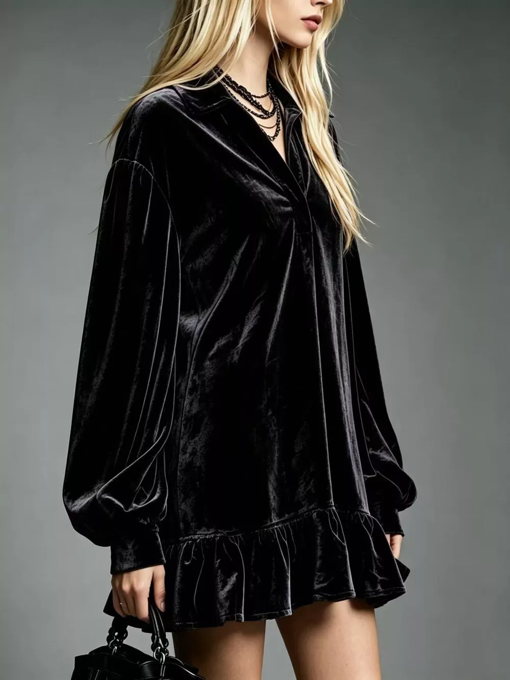 Full Size Velvet Long-Sleeve Ruffle Hem Mini Dress Plus Size, image 9