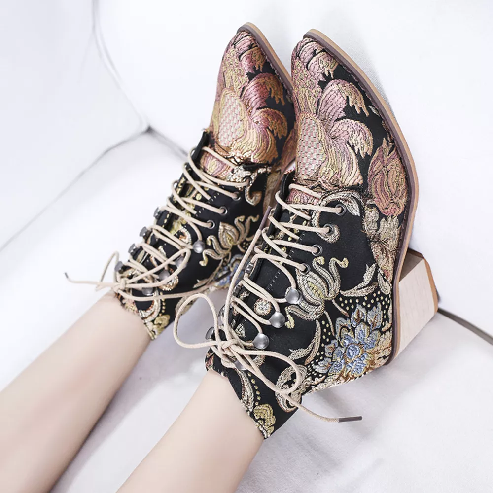 Embroidered Floral Lace-Up Ankle Boots, image 6