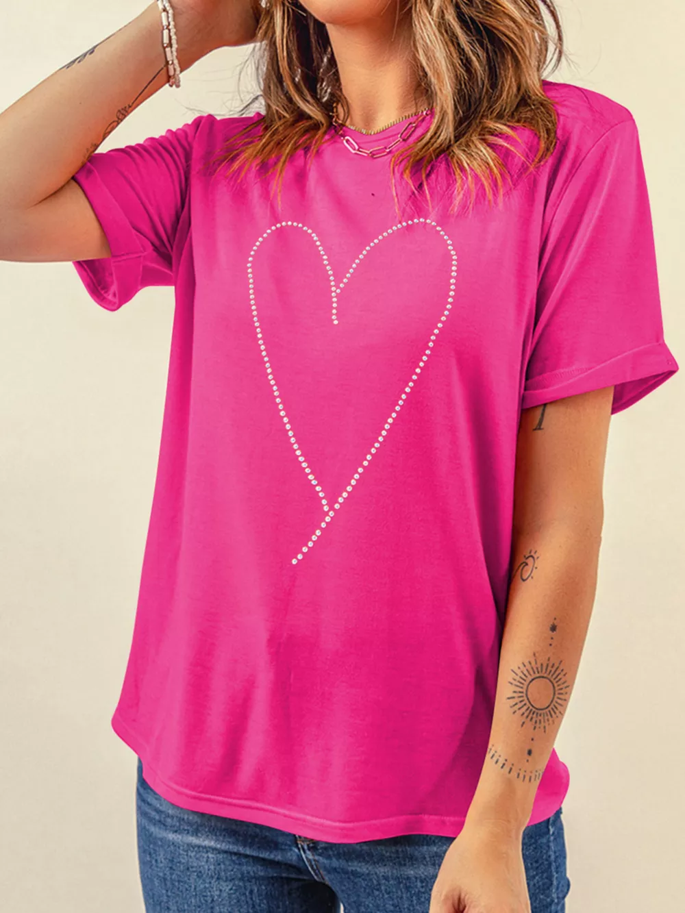 Rhinestone Heart Graphic Crew Neck Valentines Tee, image 7