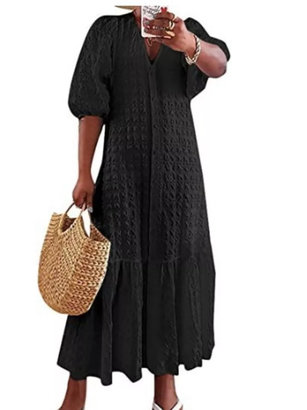 Full Size Elegant Puff Sleeve Textured Maxi Dress Plus Size, image 3