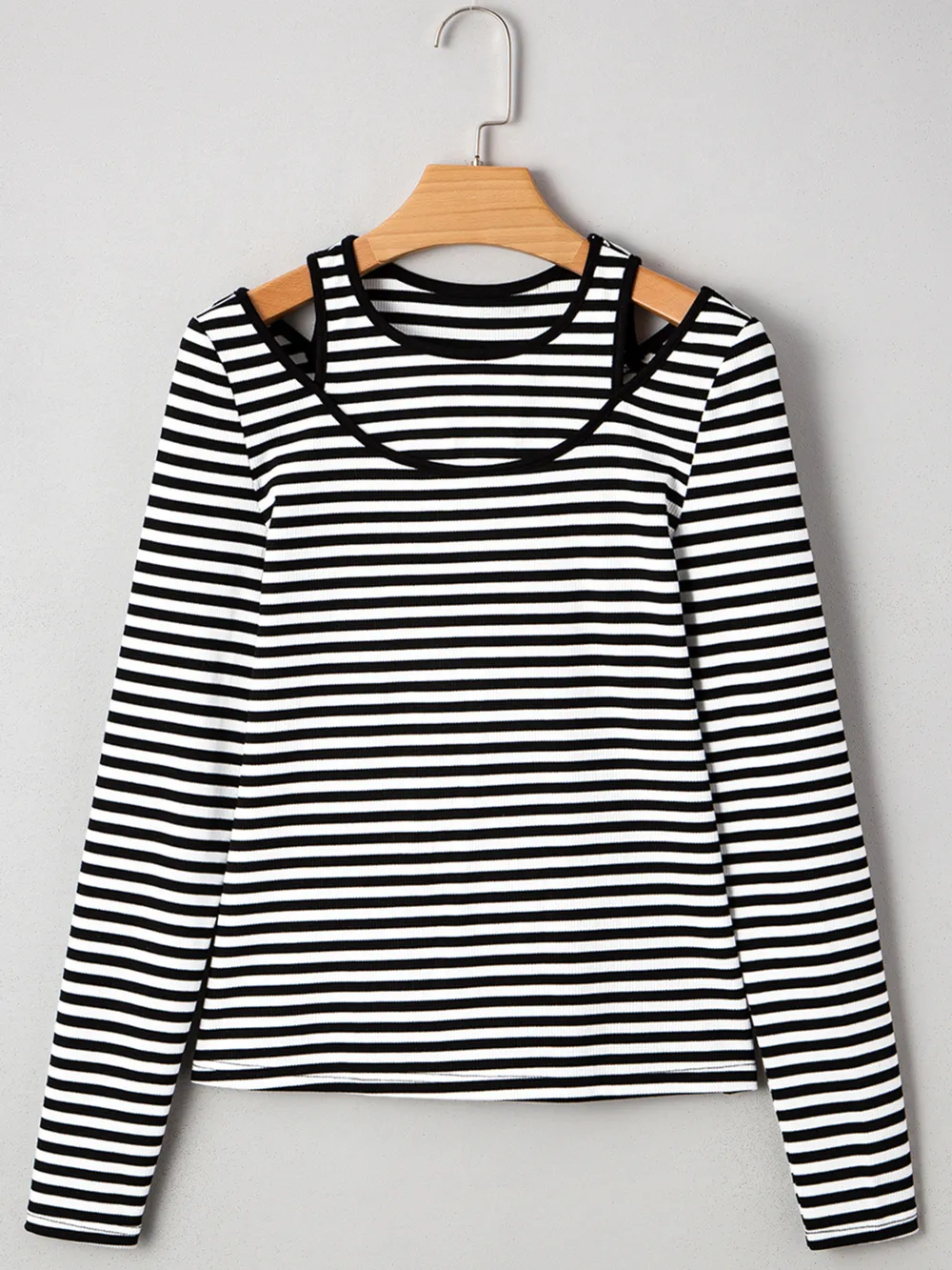 Stripe Double-layer Cold Shoulder Long Sleeve Top, image 11
