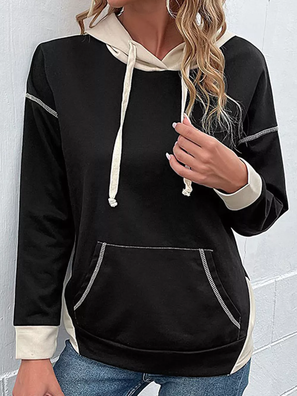 Color Block Hoodie with Drawstring and Kangaroo Pocket, image 4