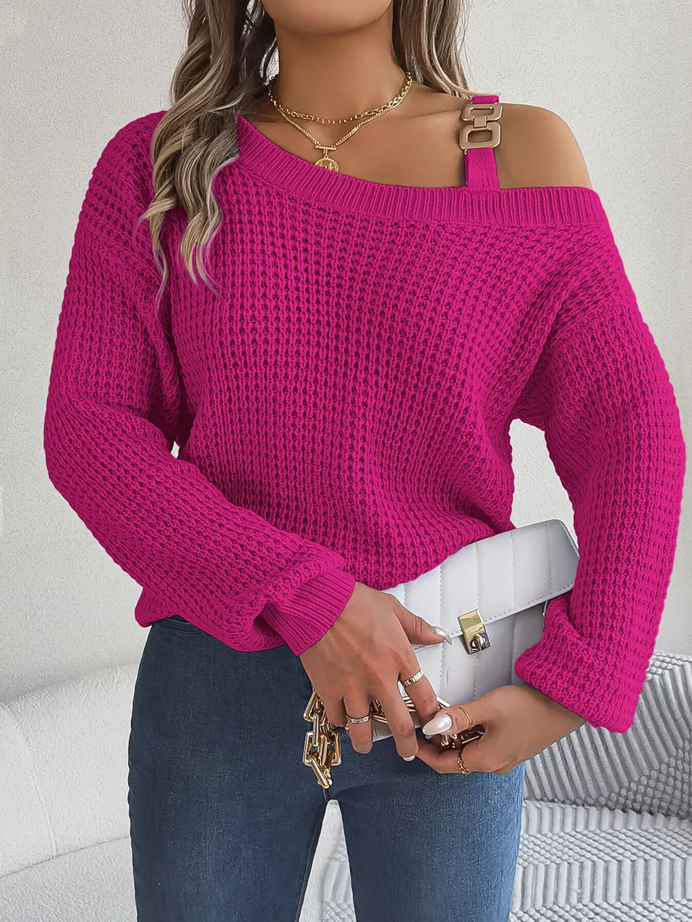 Asymmetrical Neck Long Sleeve Sweater, image 17