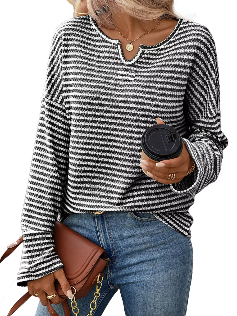 Striped Notched Long Sleeve T-Shirt, image 27