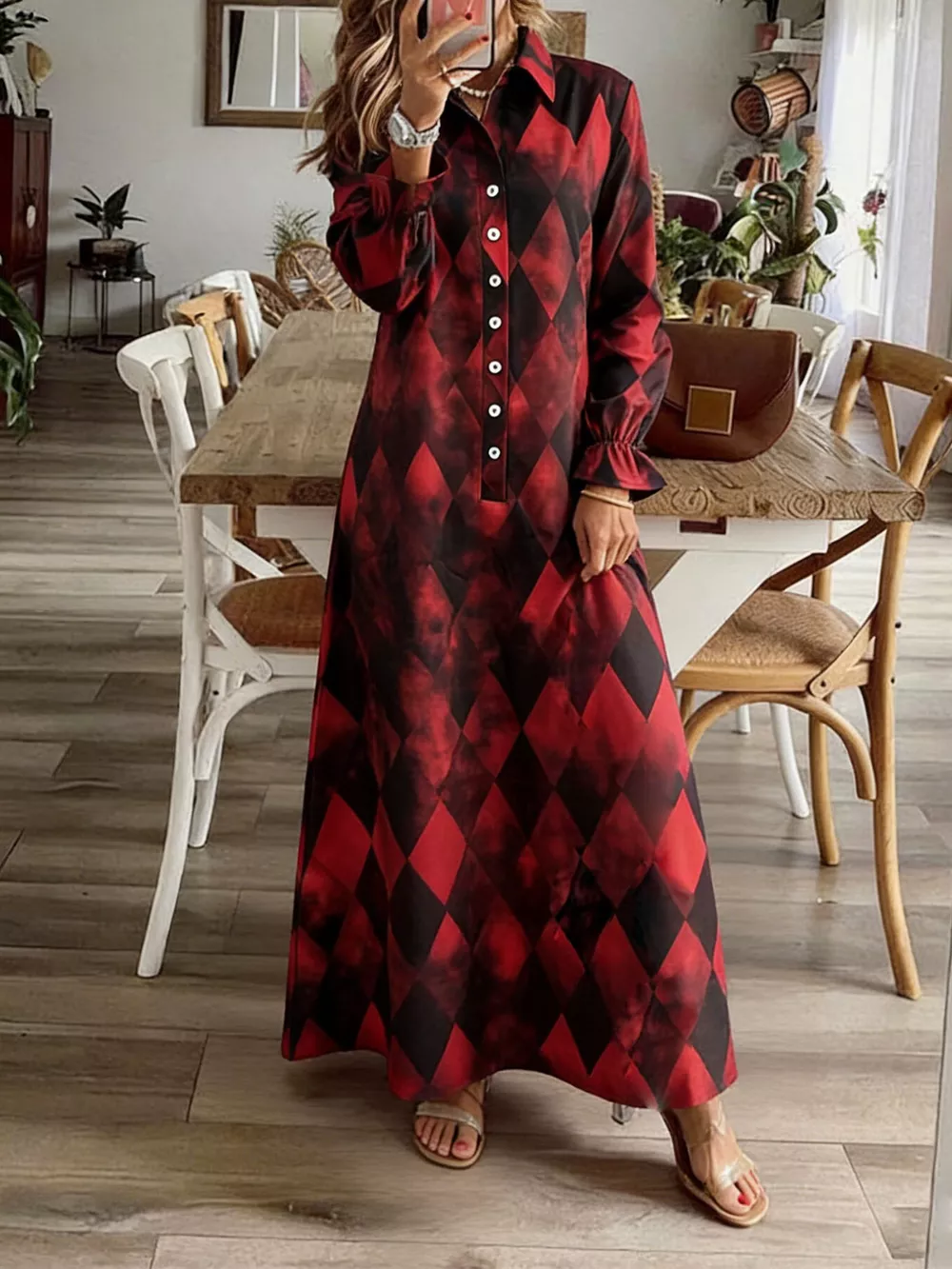Argyle Print Button-Down Maxi Dress, image 3