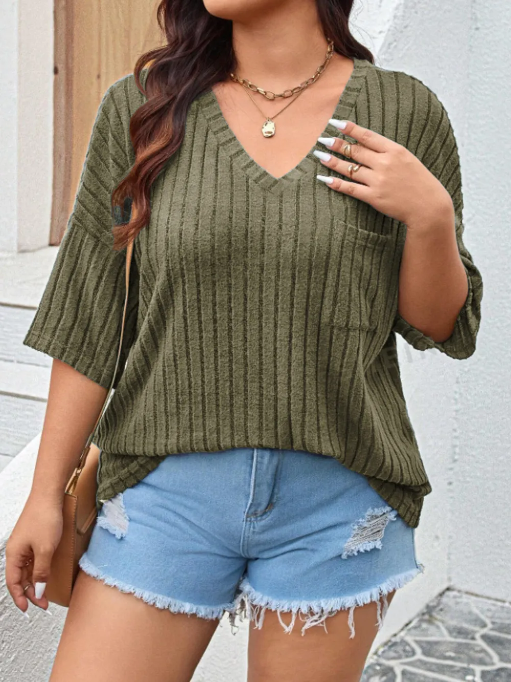 Plus Size V-Neck Ribbed Knit T-Shirt, image 8