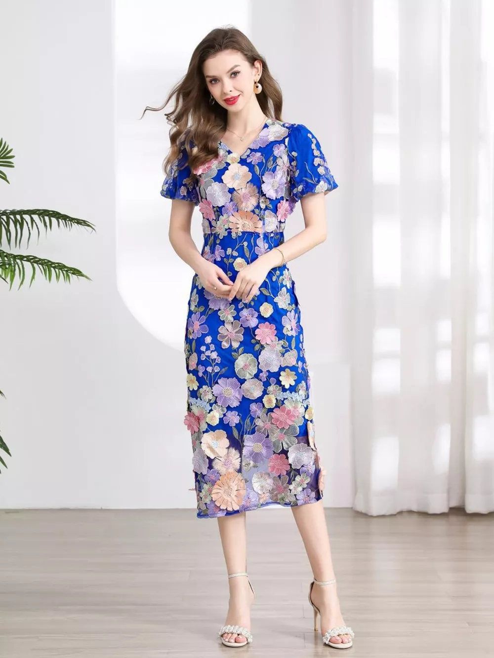 Floral Embroidered Puff Sleeve Midi Dress, image 21