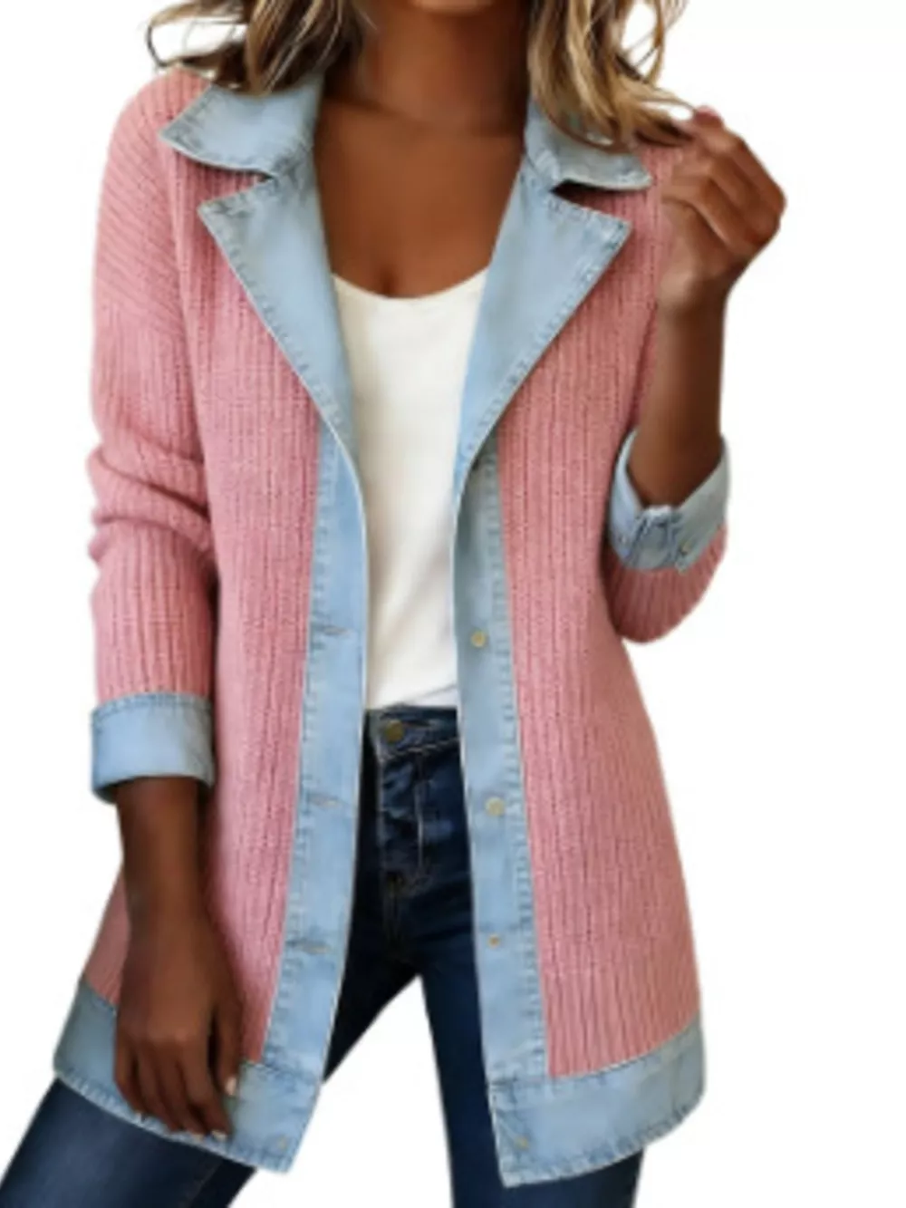 Full Size Denim Trim Ribbed Knit Jacket Plus Size, image 13