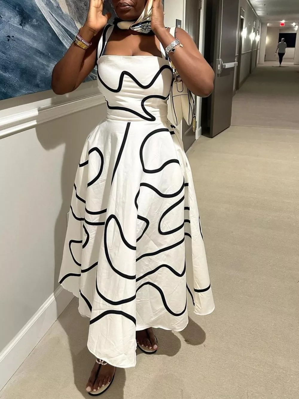 Abstract Print Square Neck Midi Dress