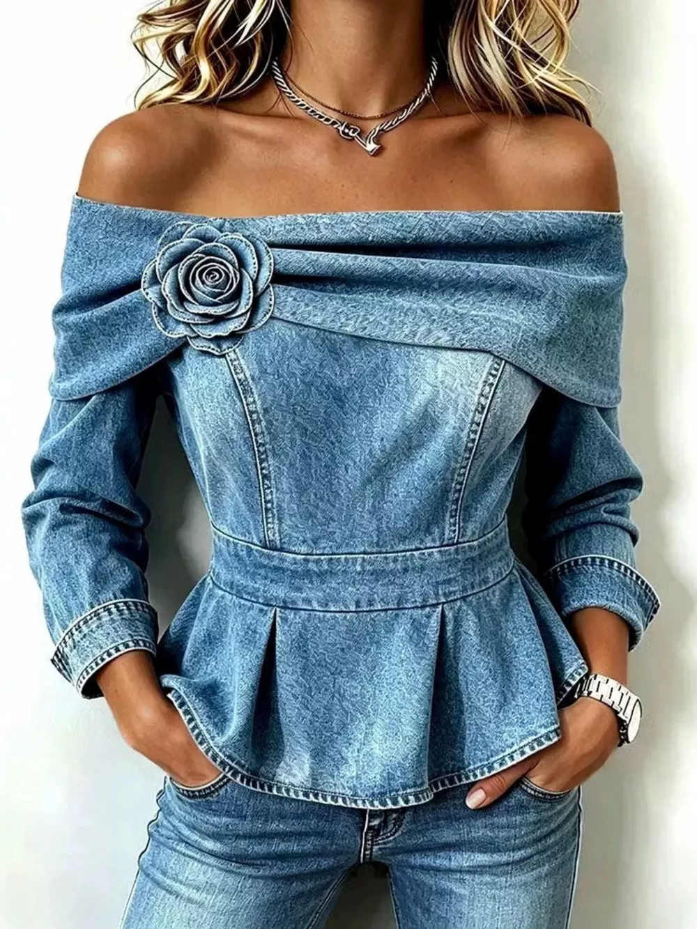 Full Size Off-Shoulder Floral Denim Look Top Plus Size, image 2