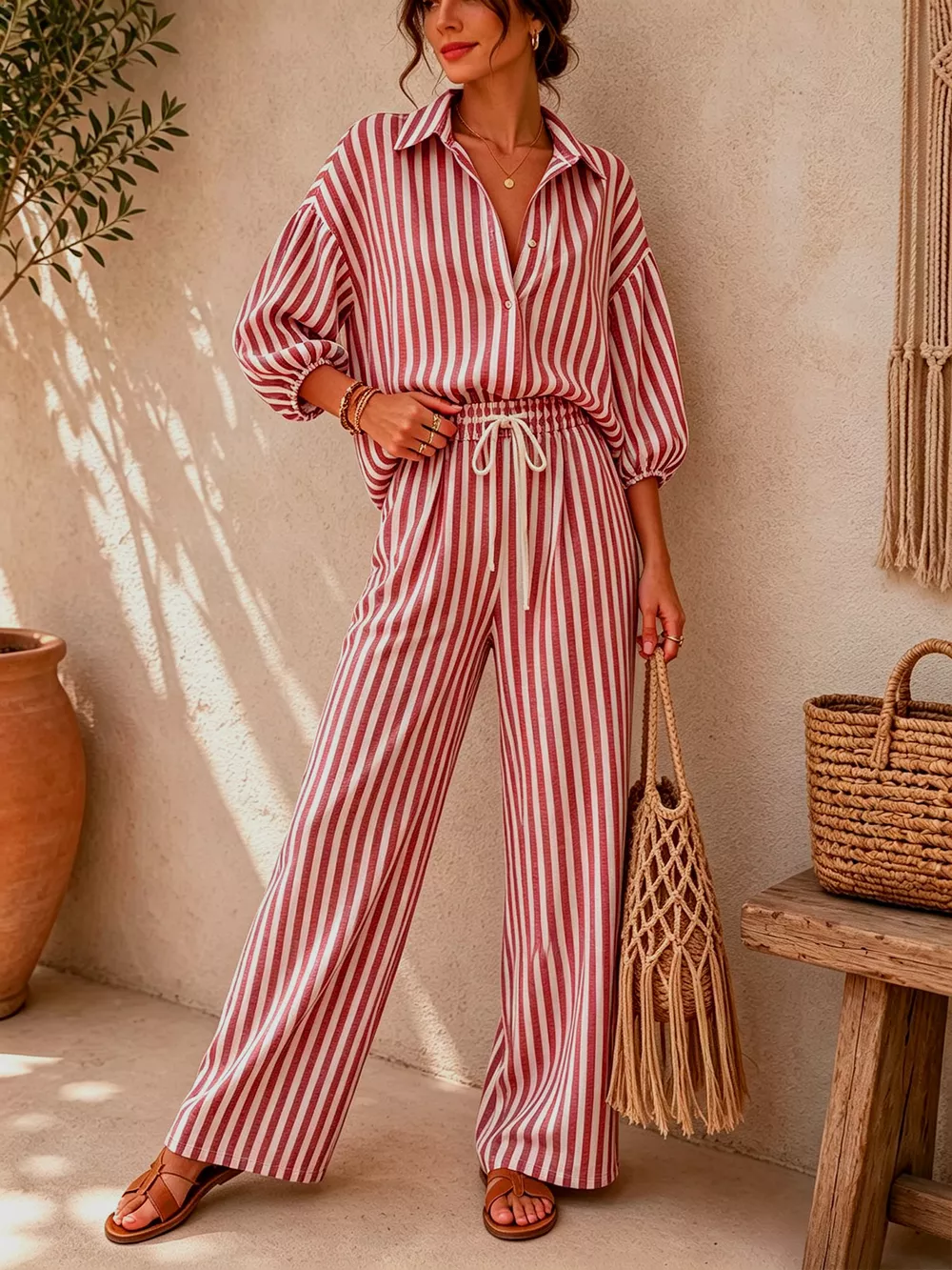 Striped Collared Shirt and Wide-Leg Drawstring Pants Set, image 9