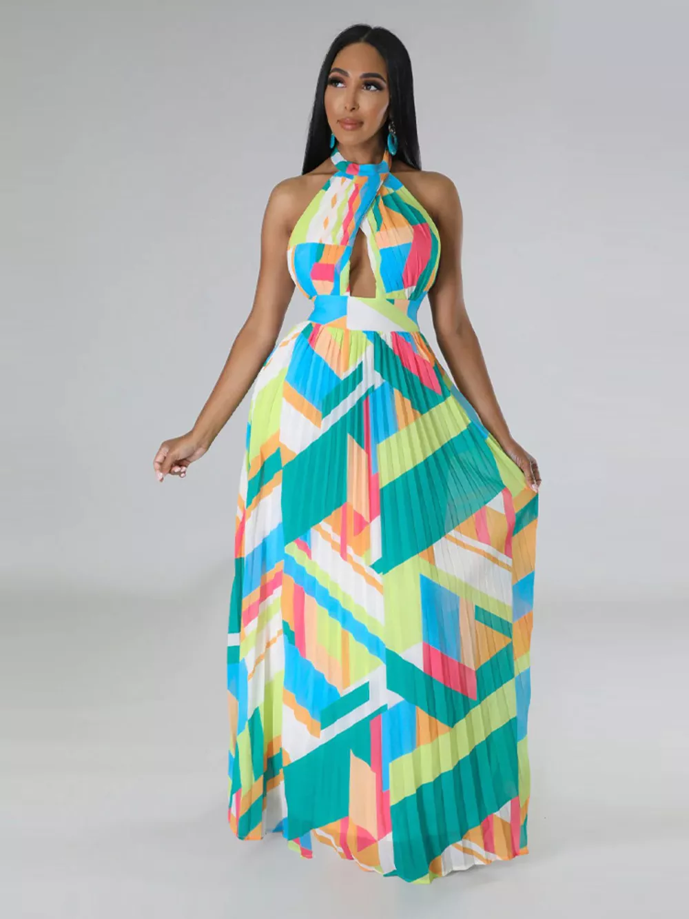 Halter Neck Geometric Print Pleated Maxi Dress, image 7