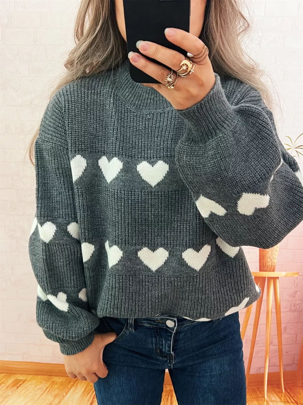 Heart Pattern Dropped Shoulder Sweater, image 10