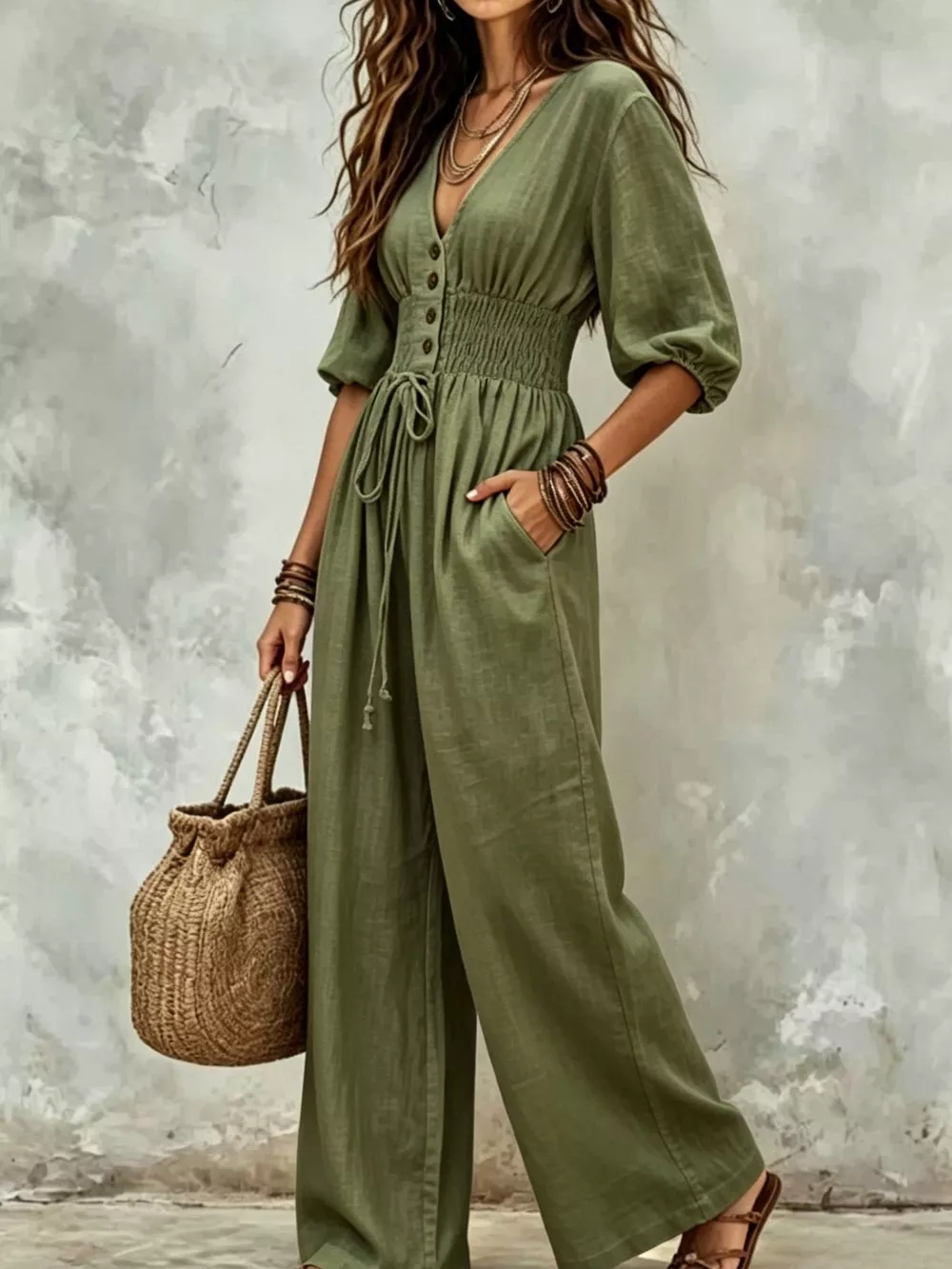 V-Neck Smocked Waist Wide-Leg Jumpsuit, image 7