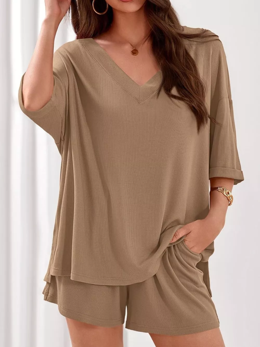 Casual Solid Color V-Neck Top & Shorts Set, image 5