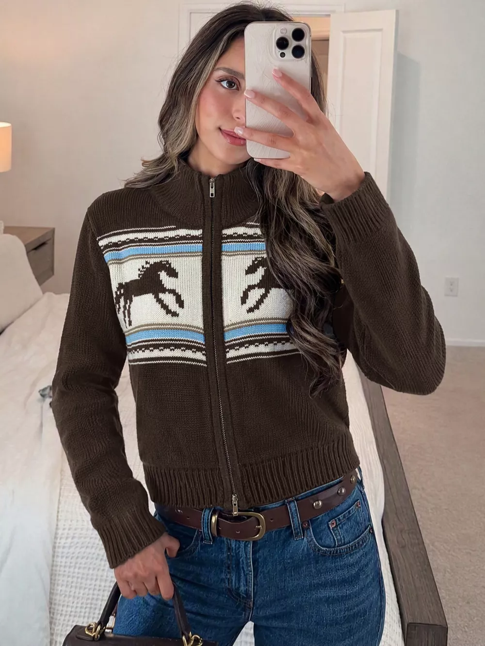 Horse Zip Up Mock Neck Cardigan, image 4