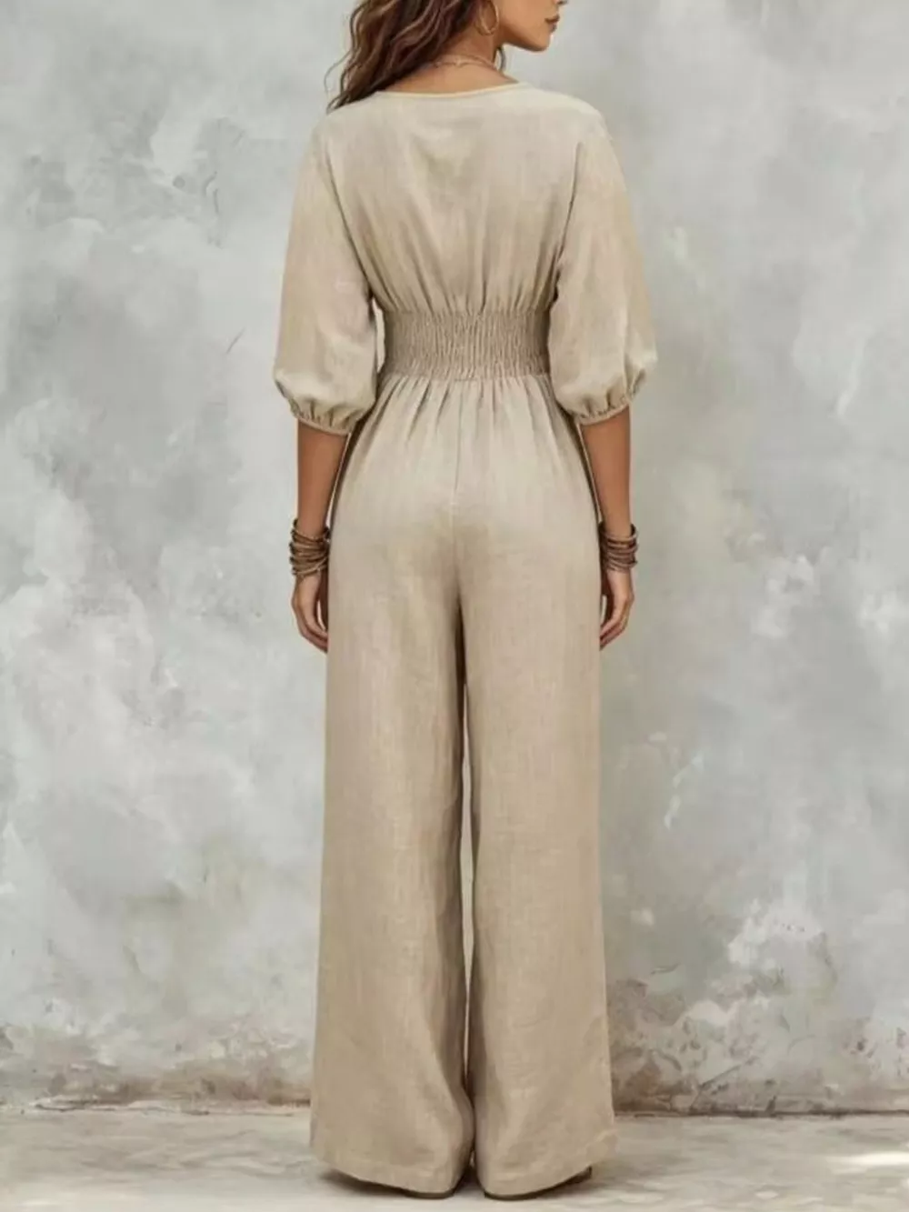 V-Neck Smocked Waist Wide-Leg Jumpsuit, image 6