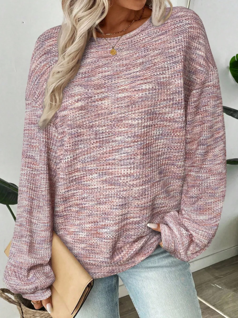 Space-Dyed Long Sleeve Waffle-Knit Top, image 27