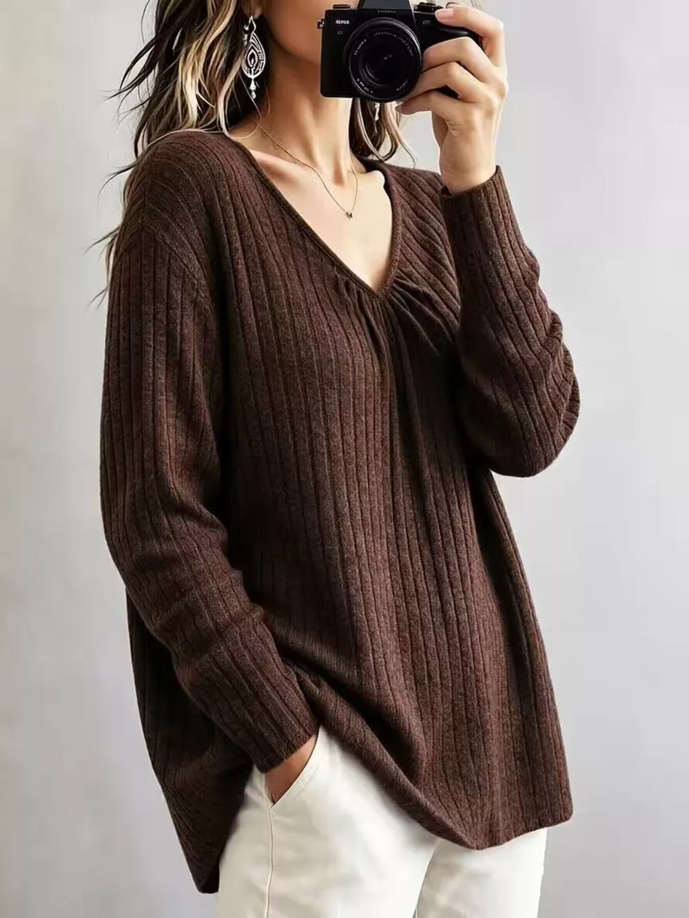 V-Neck Ribbed Long Sleeve T-Shirt, image 6