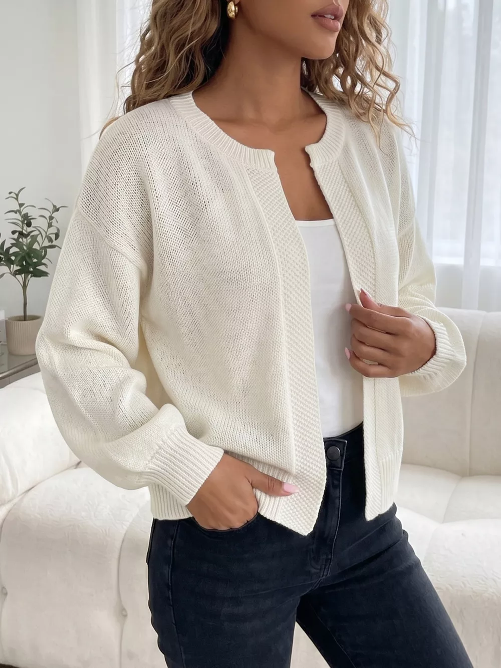 Casual Open-Front Knit Cardigan with Ribbed Trim, image 14