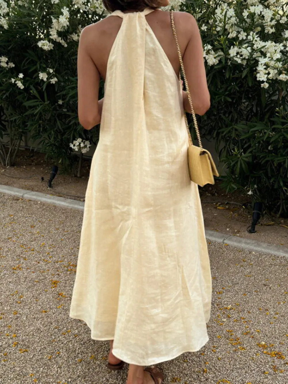 Halter V-Neck Linen Midi Dress, image 4