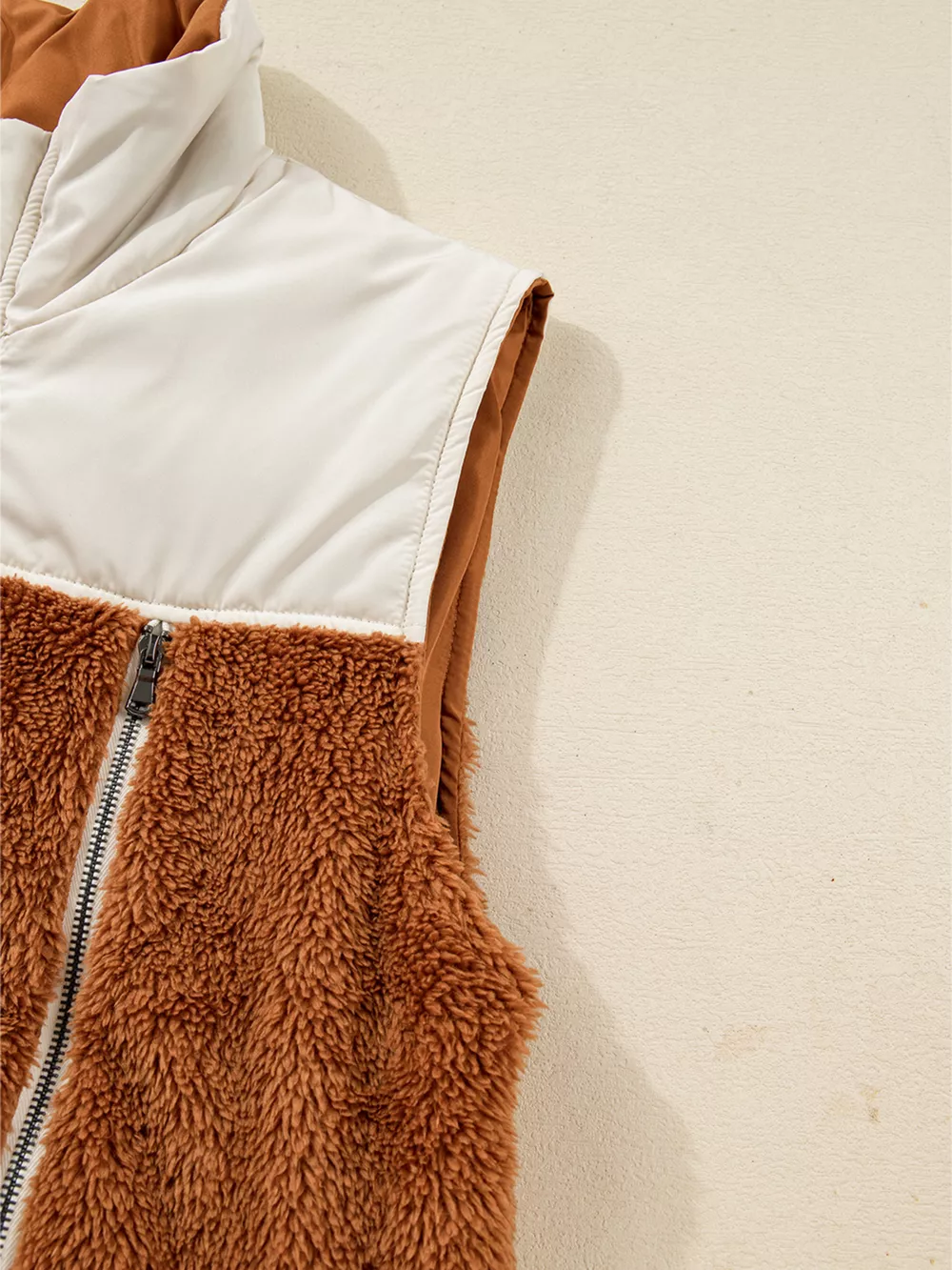 Color Block Plush Patchwork Zipper Stand Neck Vest Coat, image 10