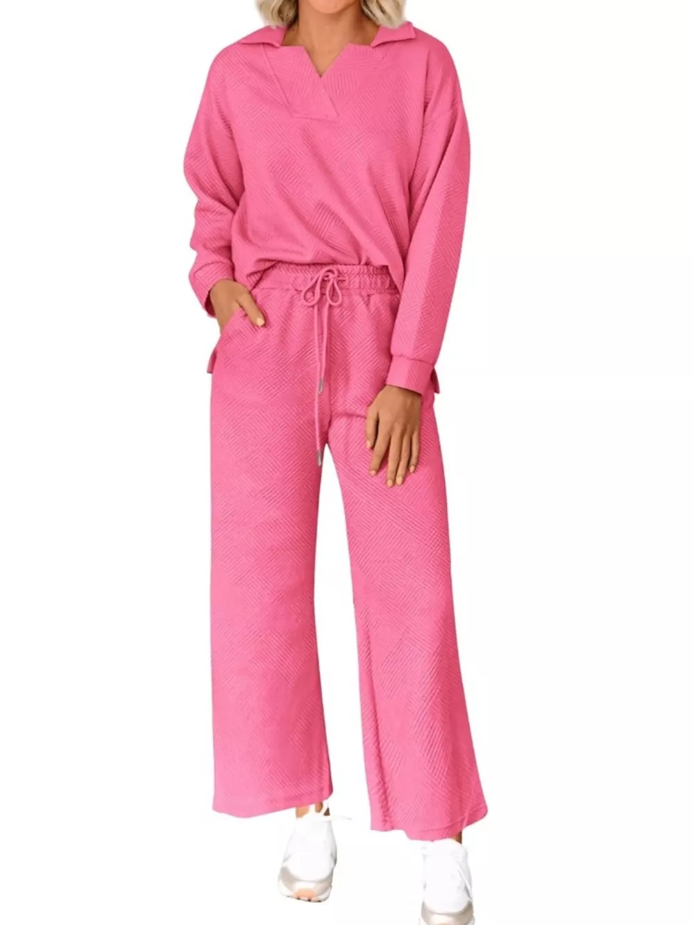 Side Slit Textured Top and Drawstring Pants Set, image 24