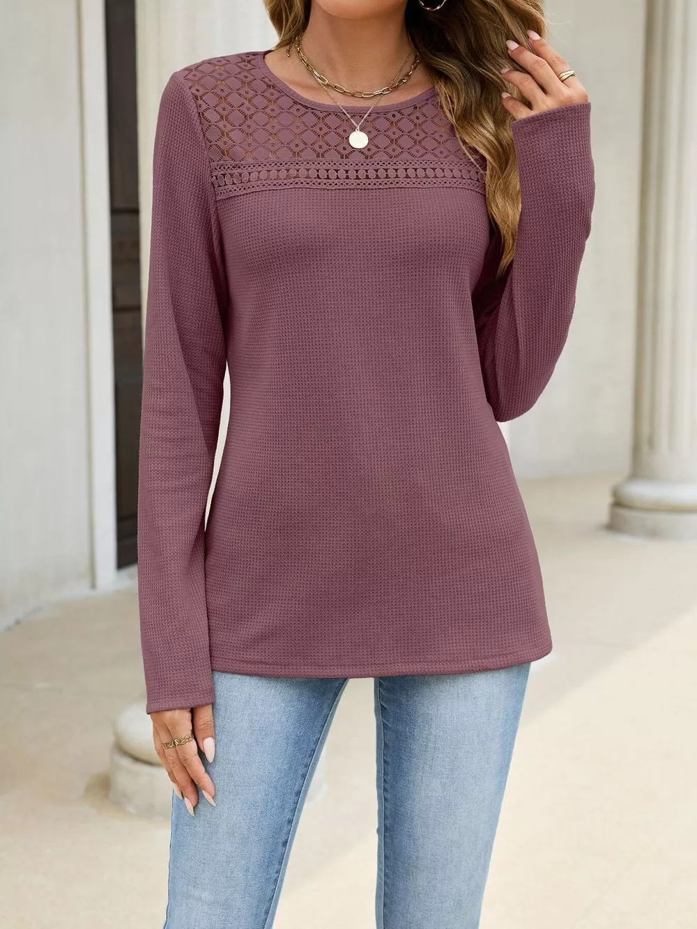 Lace Panel Waffle Knit Long Sleeve T-Shirt, image 13