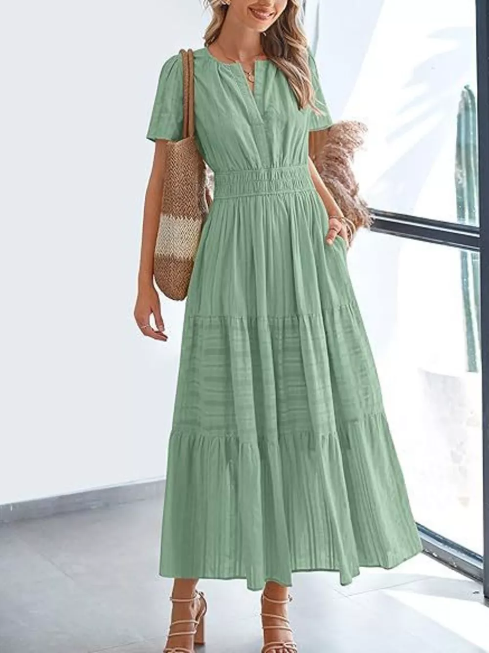 Full Size Short Sleeve Tiered Midi Dress Plus Size, image 27