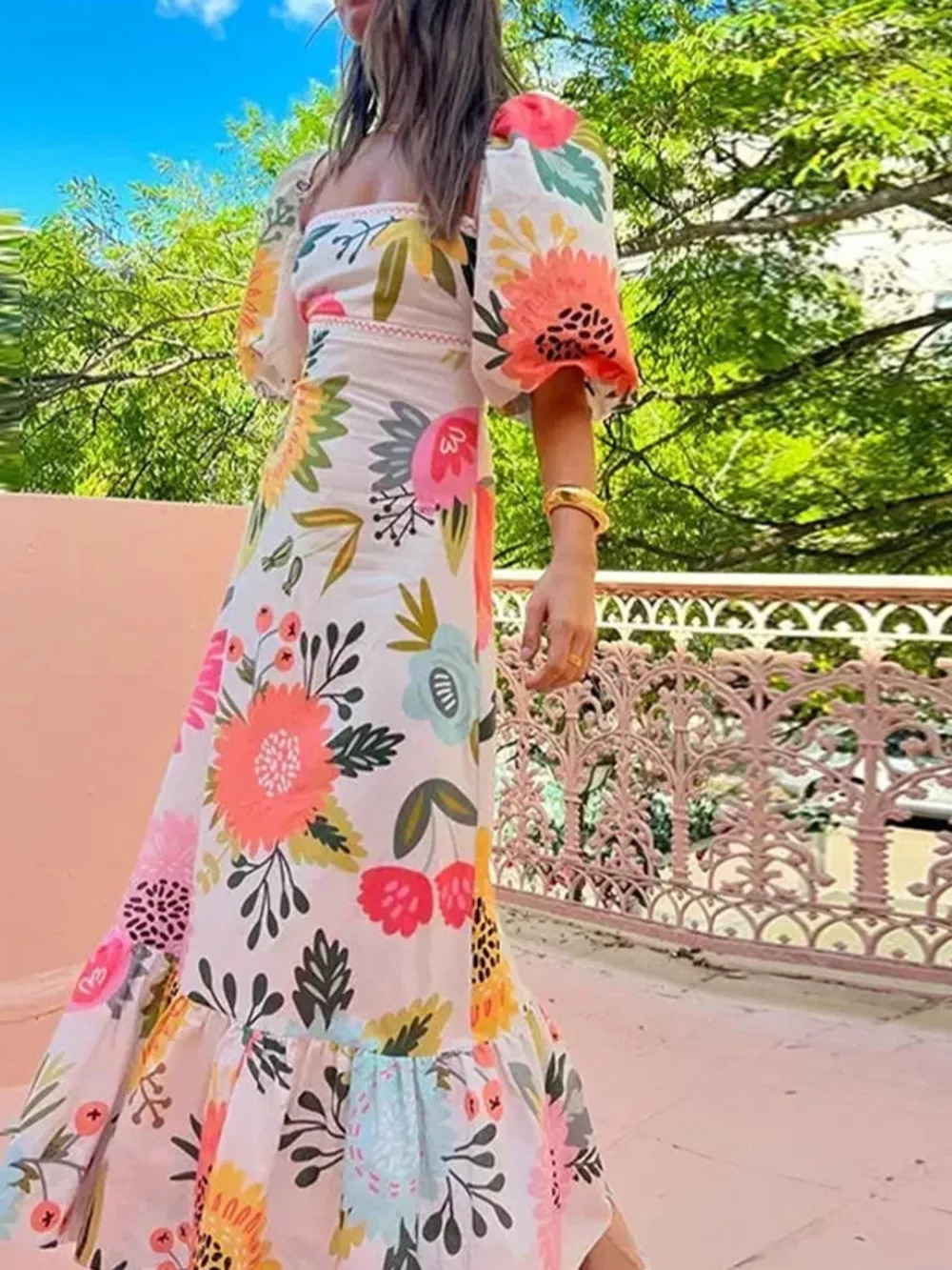 Full Size Floral Print Puff Sleeve Maxi Dress Plus Size, image 2