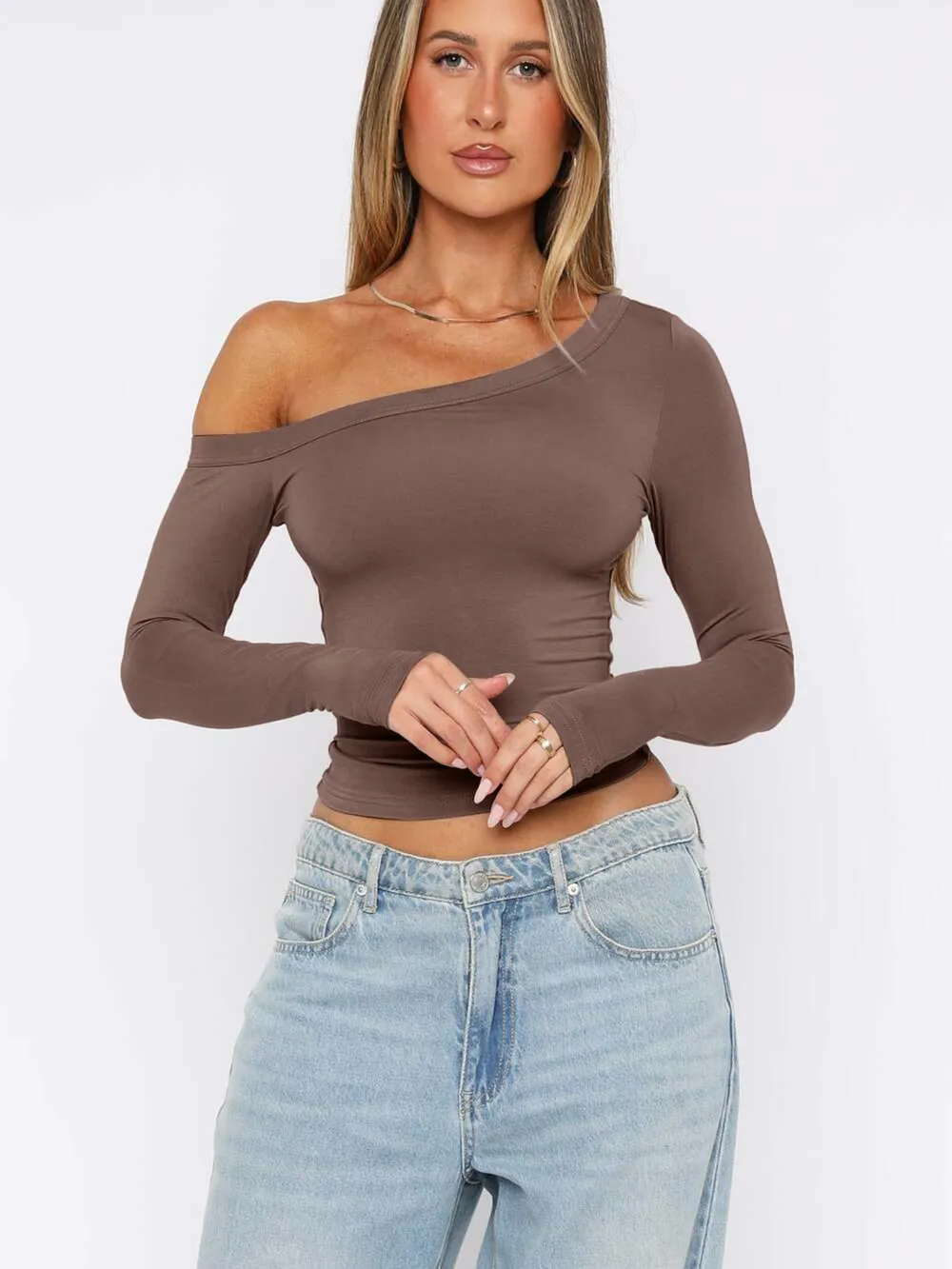 One Shoulder Long Sleeve Crop T-Shirt, image 13