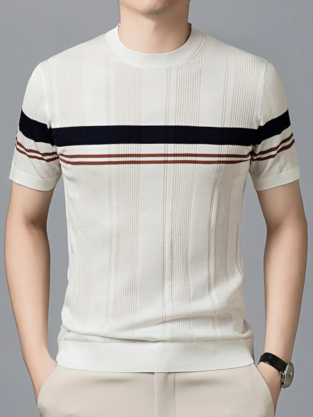 Men's Plus Size Striped Round Neck Short Sleeve T-Shirt, image 2