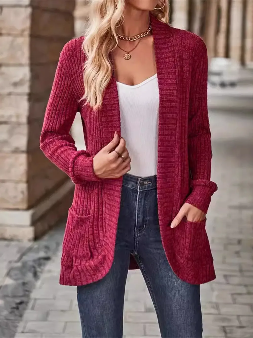 Ribbed Open Front Long Cardigan with Pockets, image 29
