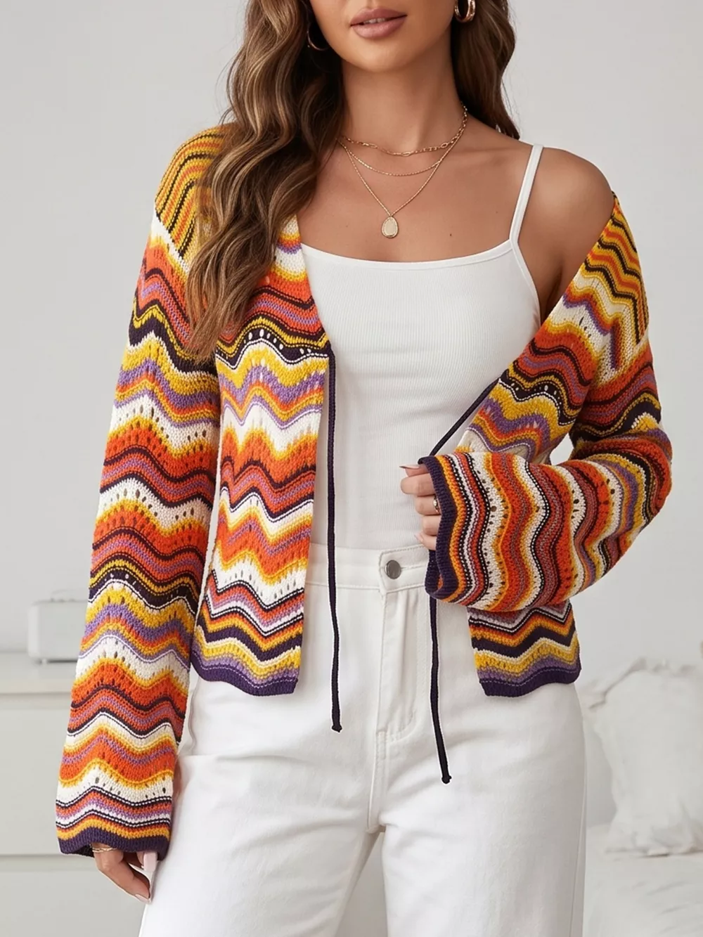 Vibrant Chevron Striped Tie-Front Knit Cardigan, image 2