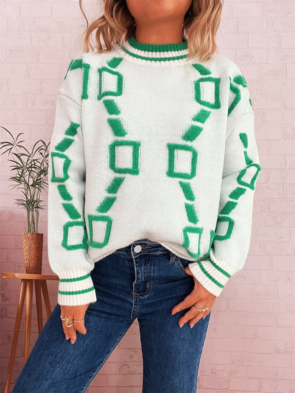 Contrast Round Neck Long Sleeve Sweater, image 16