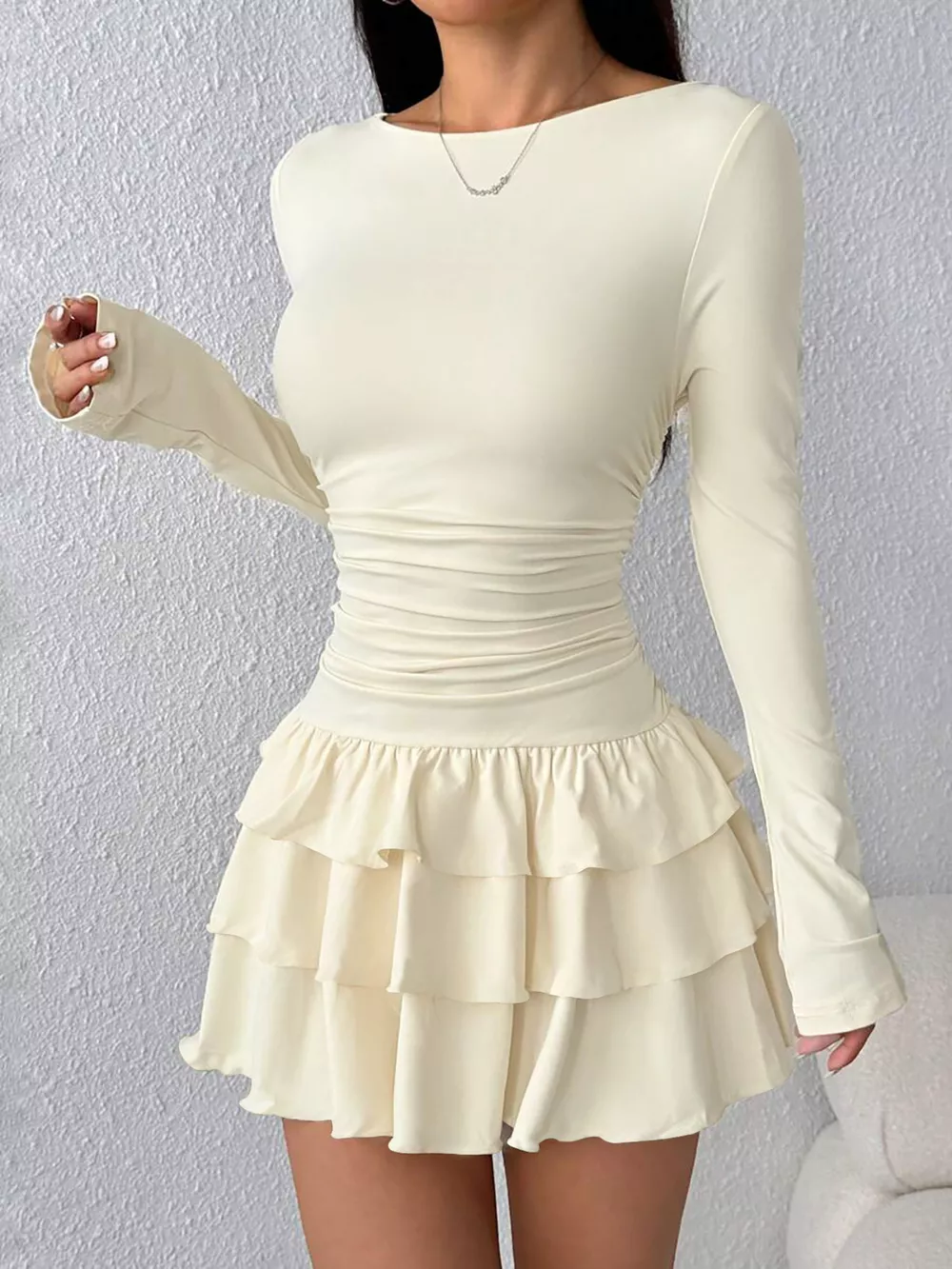 Ruched Long Sleeve Layered Ruffle Mini Dress, image 2