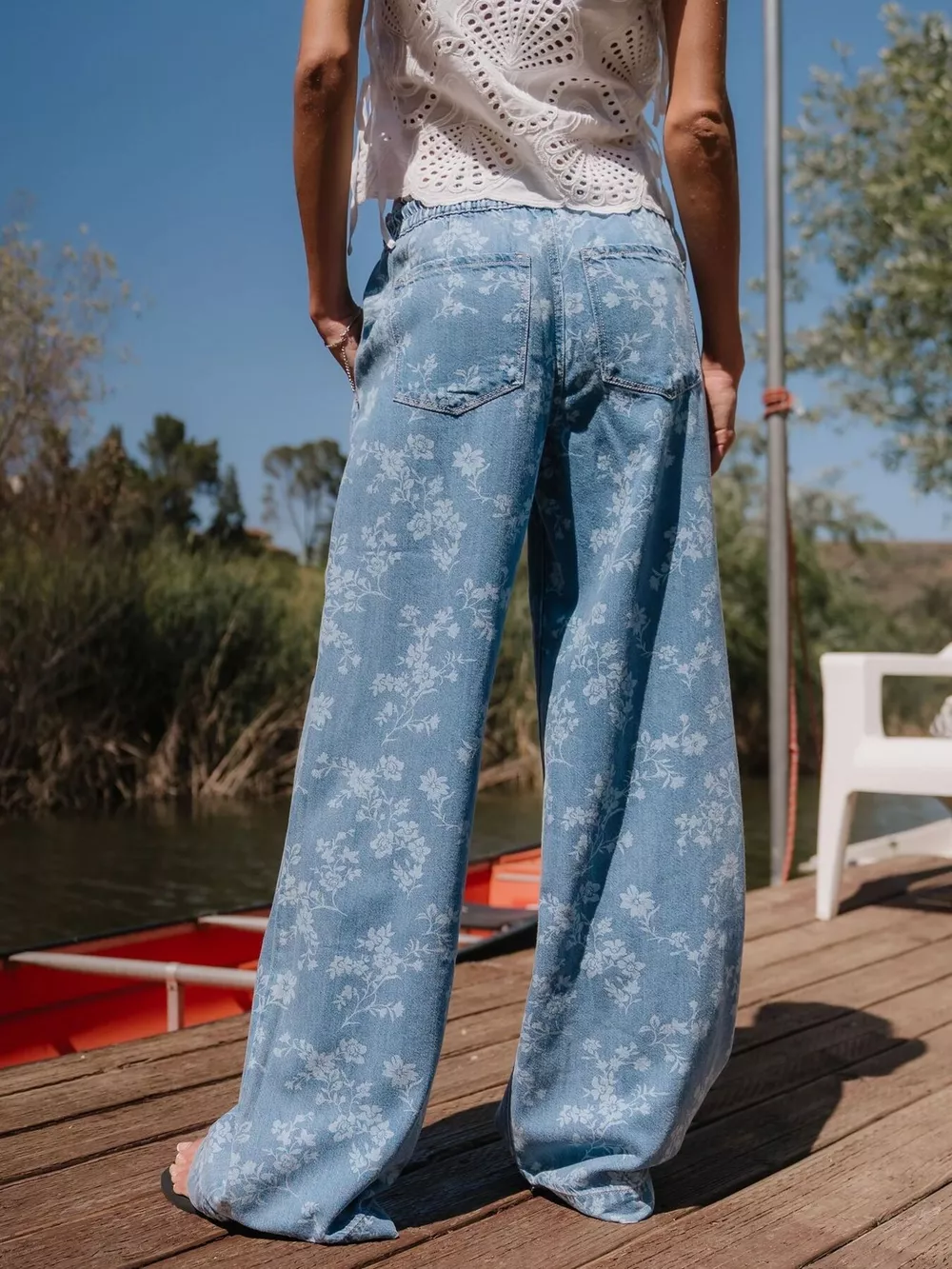 Drawstring Floral Wide-Leg Jeans, image 5