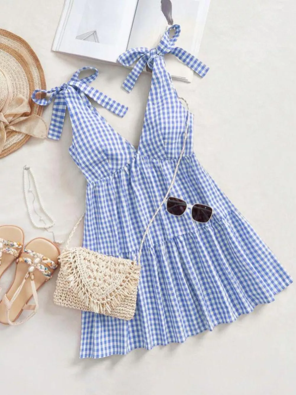 Gingham Tie-Shoulder Ruffle Hem Mini Dress, image 6