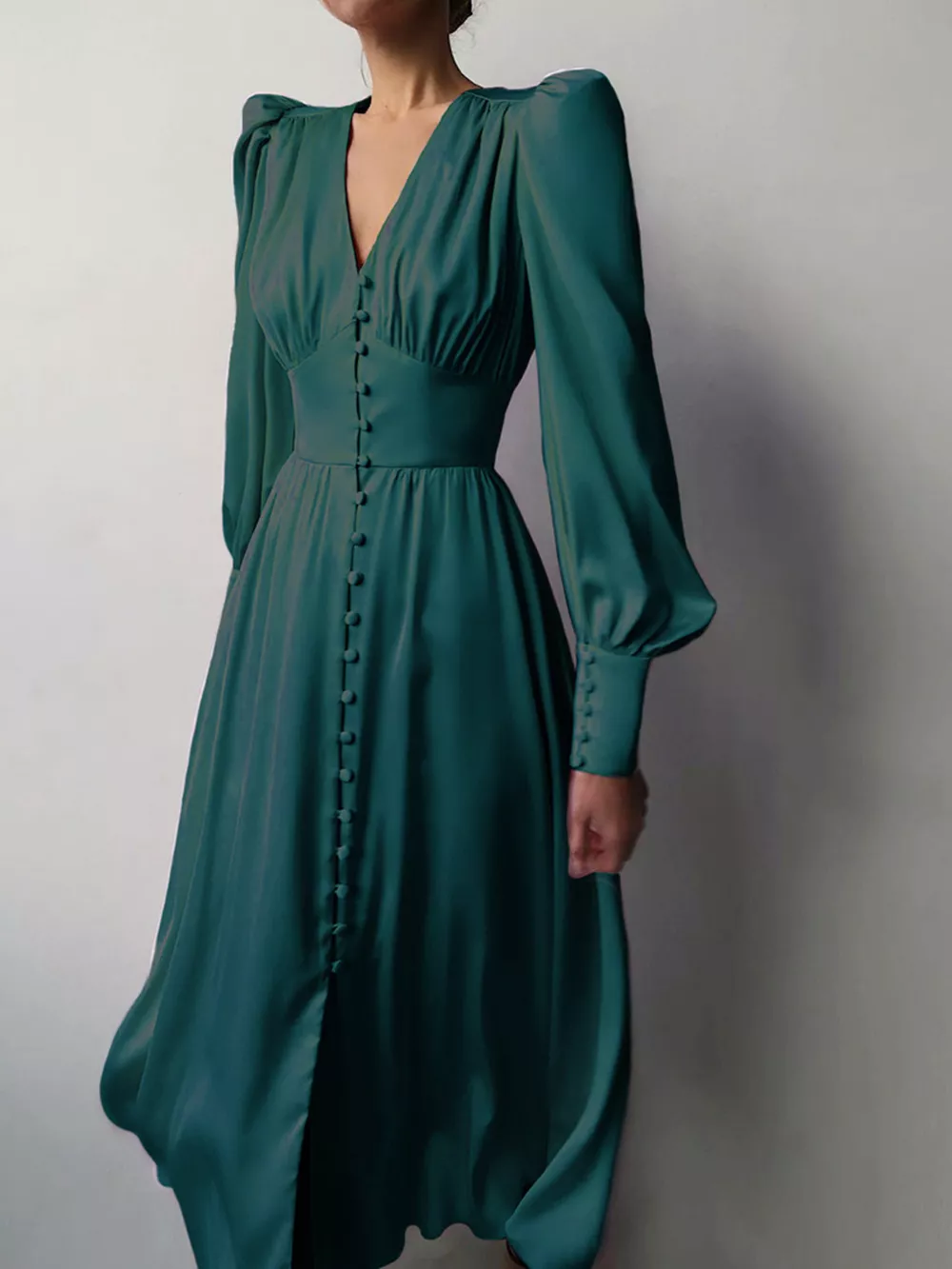 Elegant V-Neck Puff Sleeve Button-Down Midi Dress, image 30