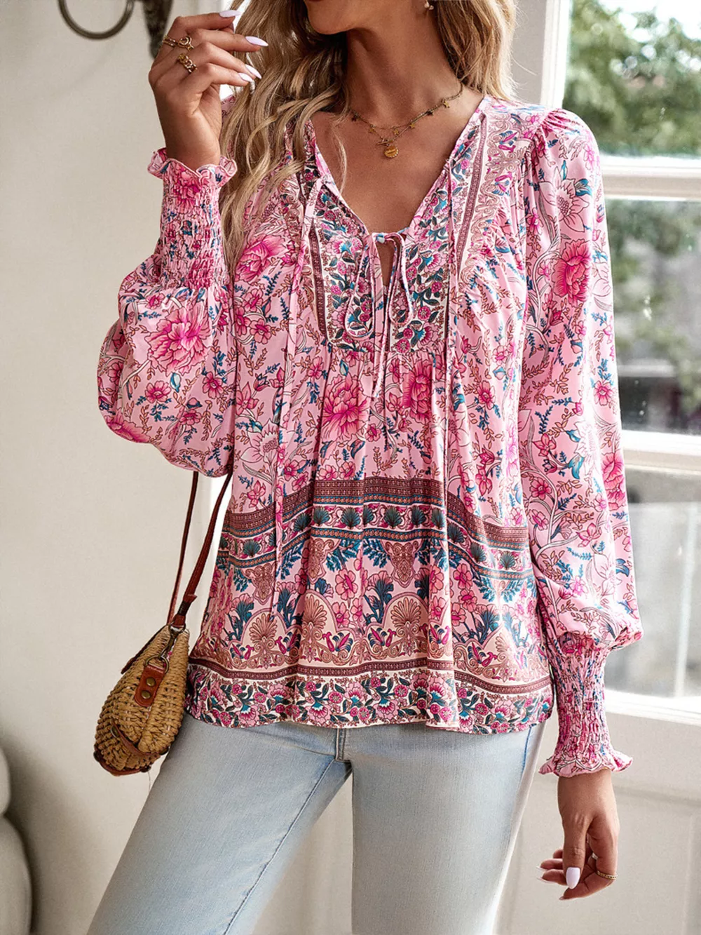 Floral Print Tie-Neck Blouse with Smocked Cuffs, image 2